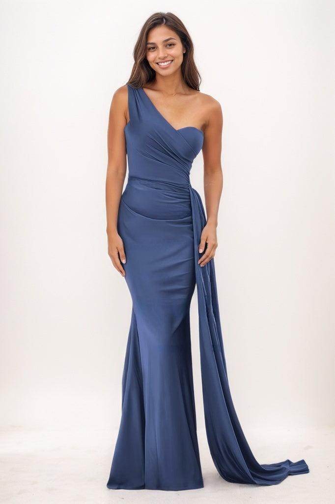 One-Shoulder Sweep Train Satin Prom Dresses With CS0772 - COCOMELODY